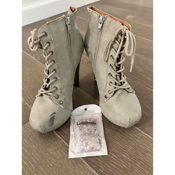 Upcycle lace up heel chunky bootie boots. Art project for crafters in Gray - Picture 1 of 6